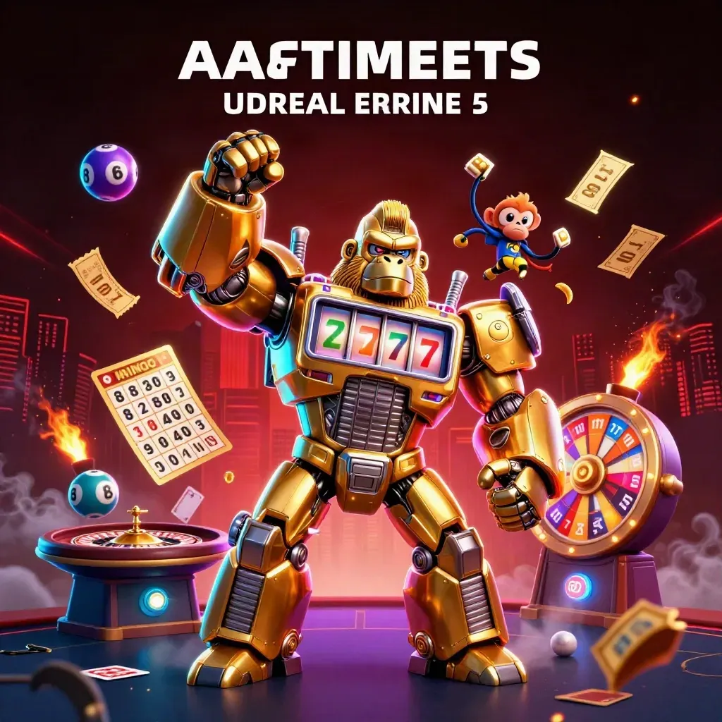 Golden gorilla mech with tiny monkey pilot, casino treasures, neon skyline, embers, and dramatic red-black light.