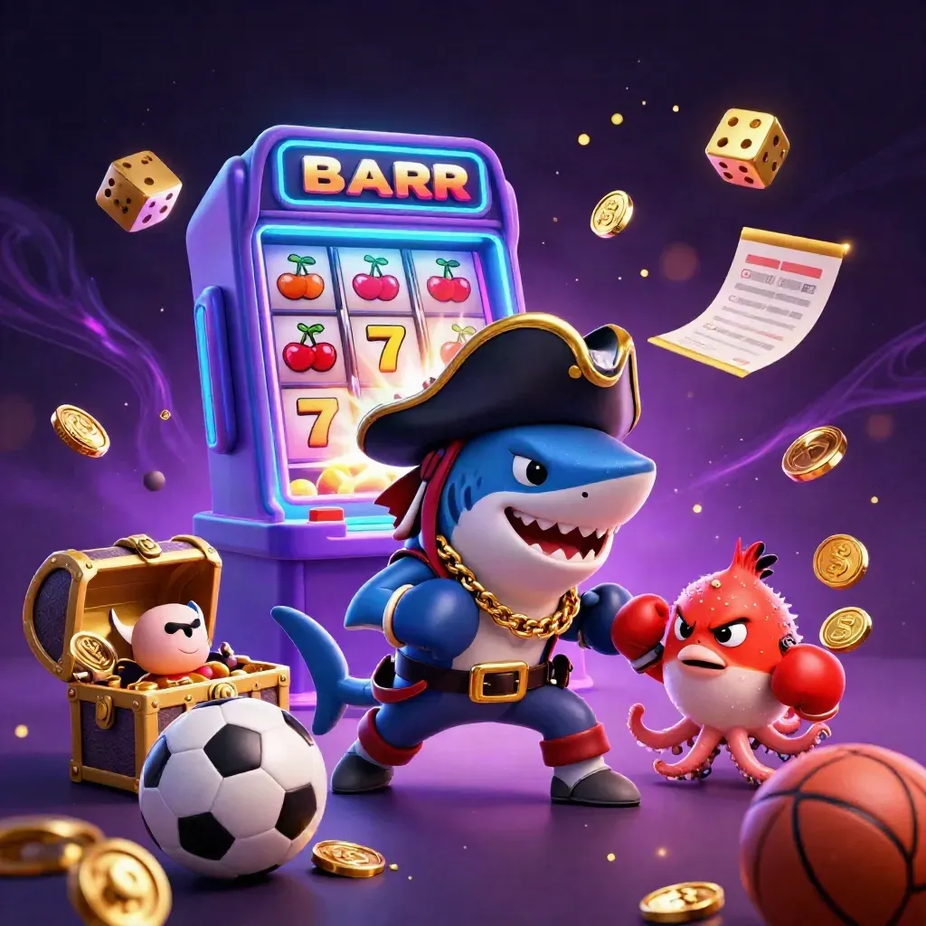 Cartoon shark pirate, boxing pufferfish, and coin-juggling octopus amid casino sports symbols and neon effects.
