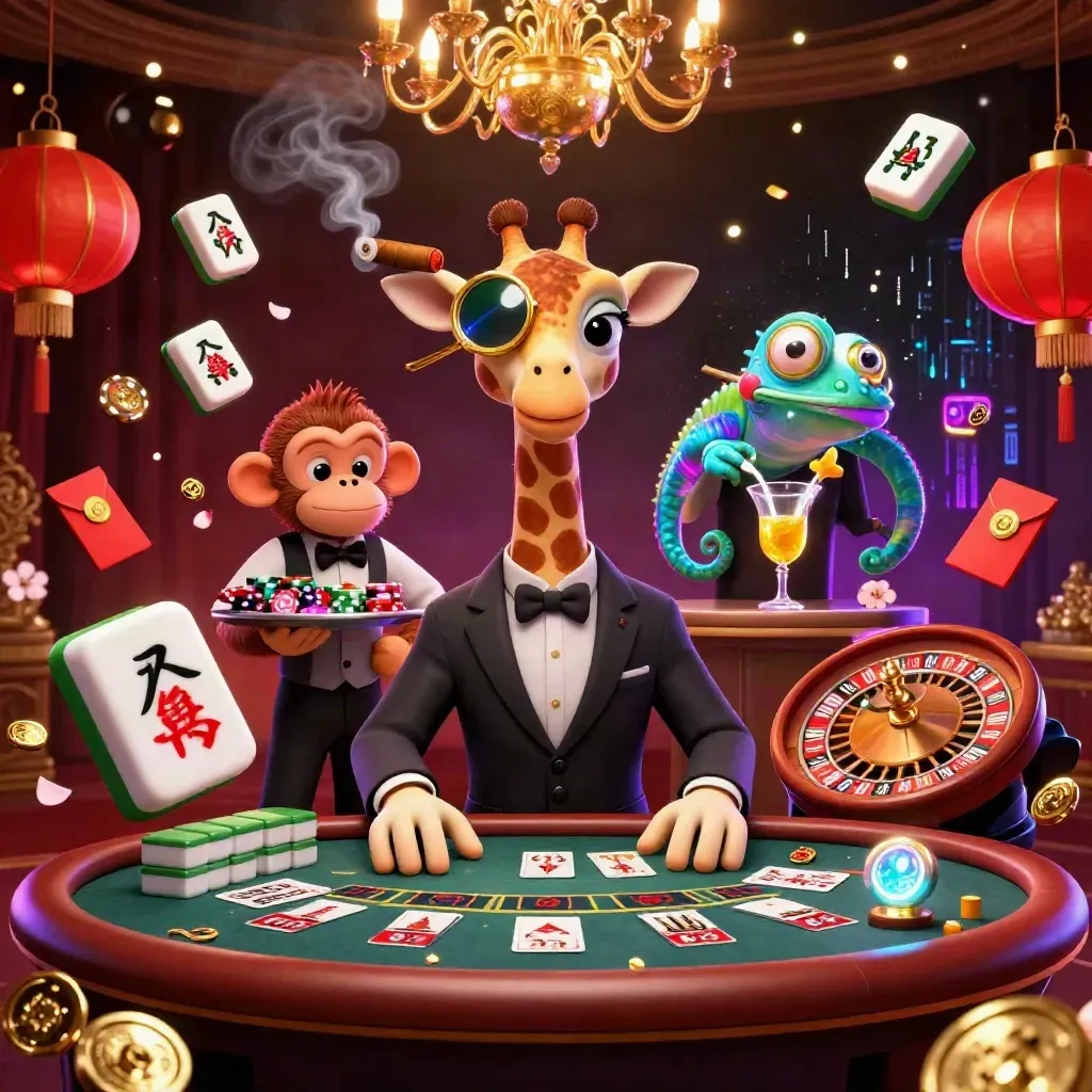 Giraffe, monkey, and chameleon at a glowing casino table with lanterns, coins, and neon energy.