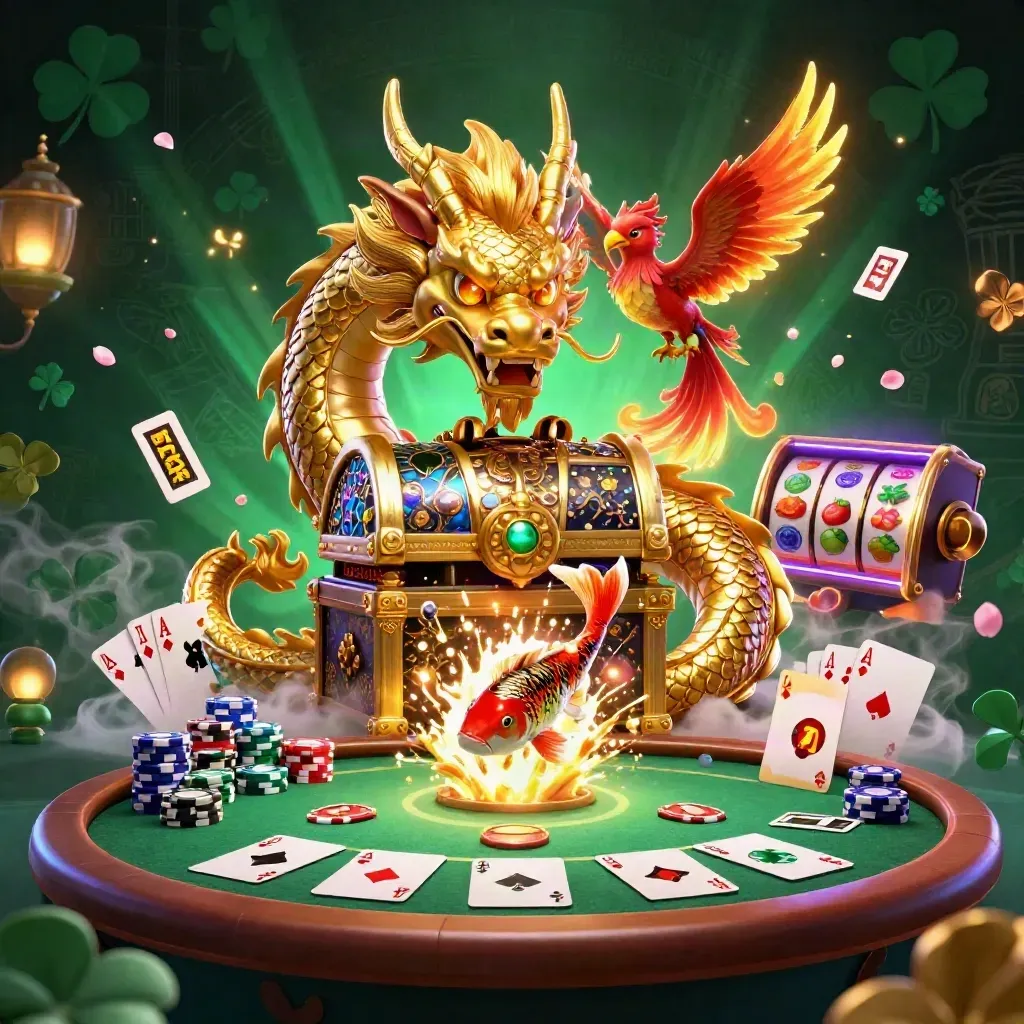 Golden dragon, phoenix and koi amid casino chips and glowing card-game effects