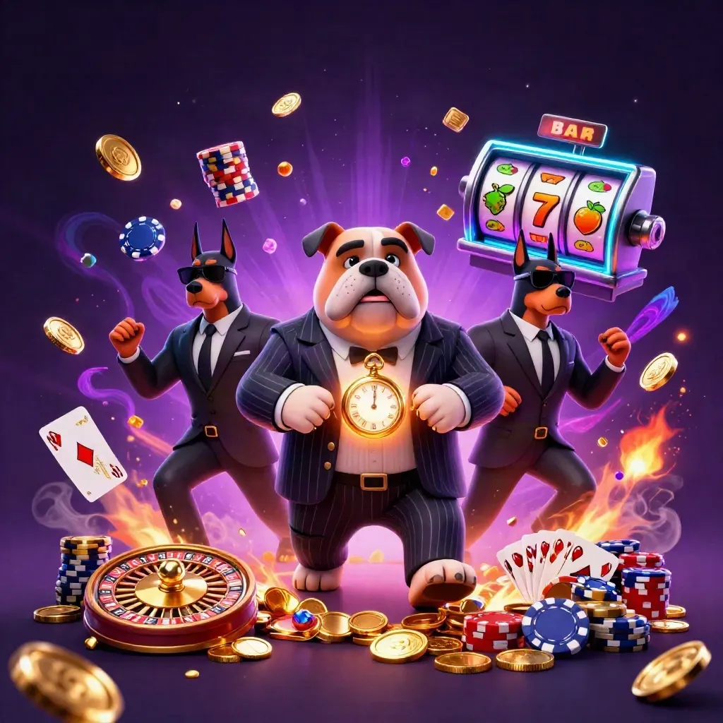 Bulldog boss and two Dobermans amid coins, gems, roulette wheel, cards, chips, and neon casino energy.