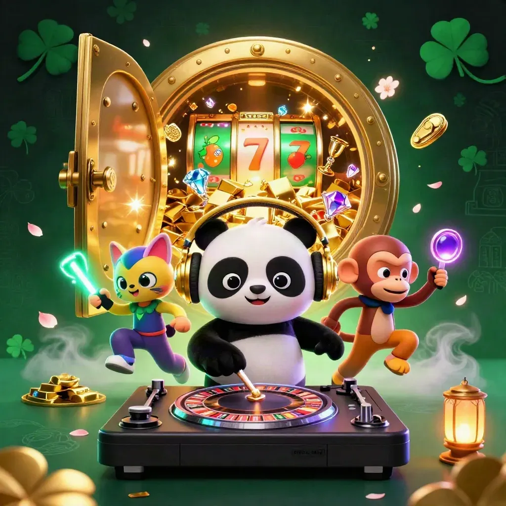 DJ panda, monkey, and kitten burst from a gold vault amid neon casino loot