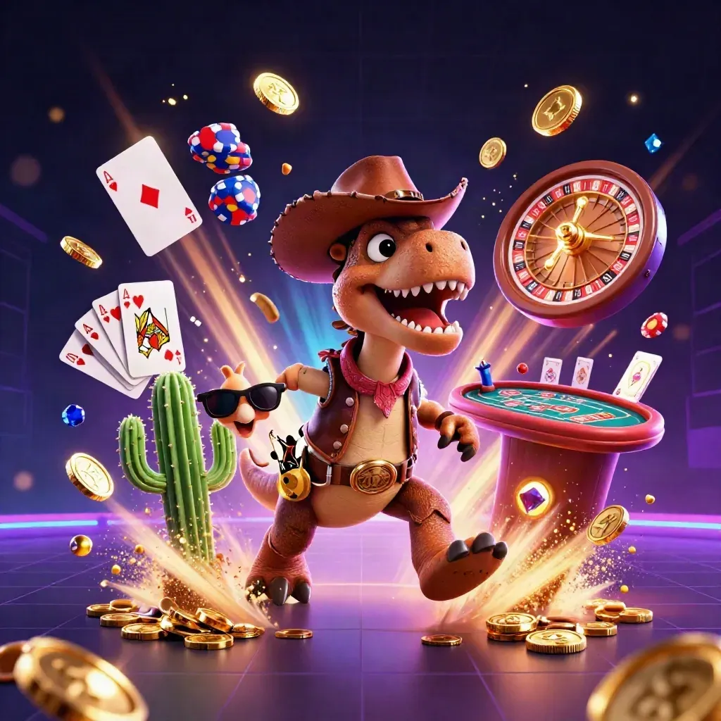 Cowboy T-Rex, cactus sidekick, and roadrunner amid coins, gems, fireworks, and neon casino magic.