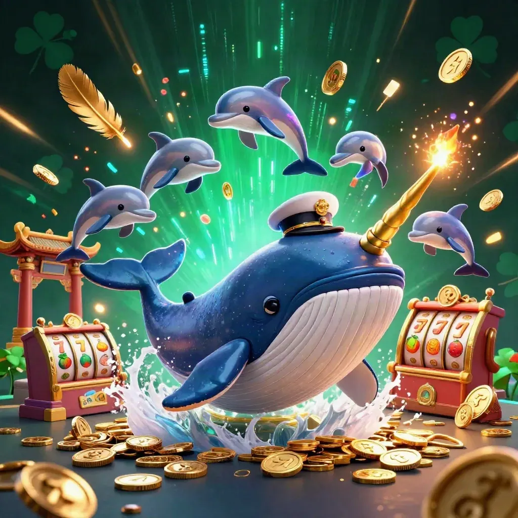 Whale captain, narwhal, and dolphins in a neon casino coin storm with gold effects.