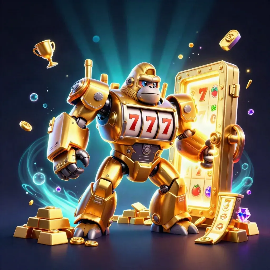 Golden gorilla mech with slot reels, vault blast, treasure, and neon casino glow