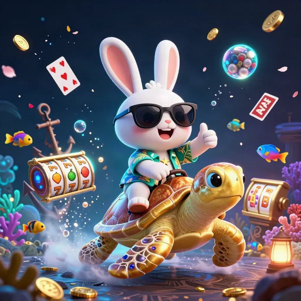 Rabbit riding a golden sea turtle amid coins, coral, cards, fish, and glowing casino magic.